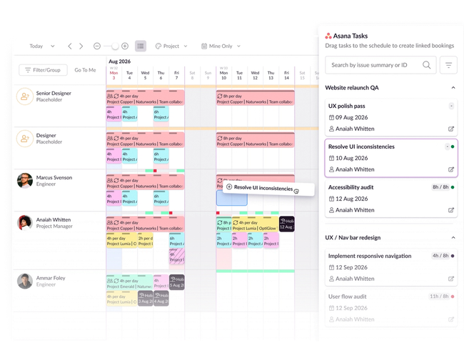 Dragging and dropping a task onto the Resource Guru schedule from a list of Asana tasks in the sidebar.